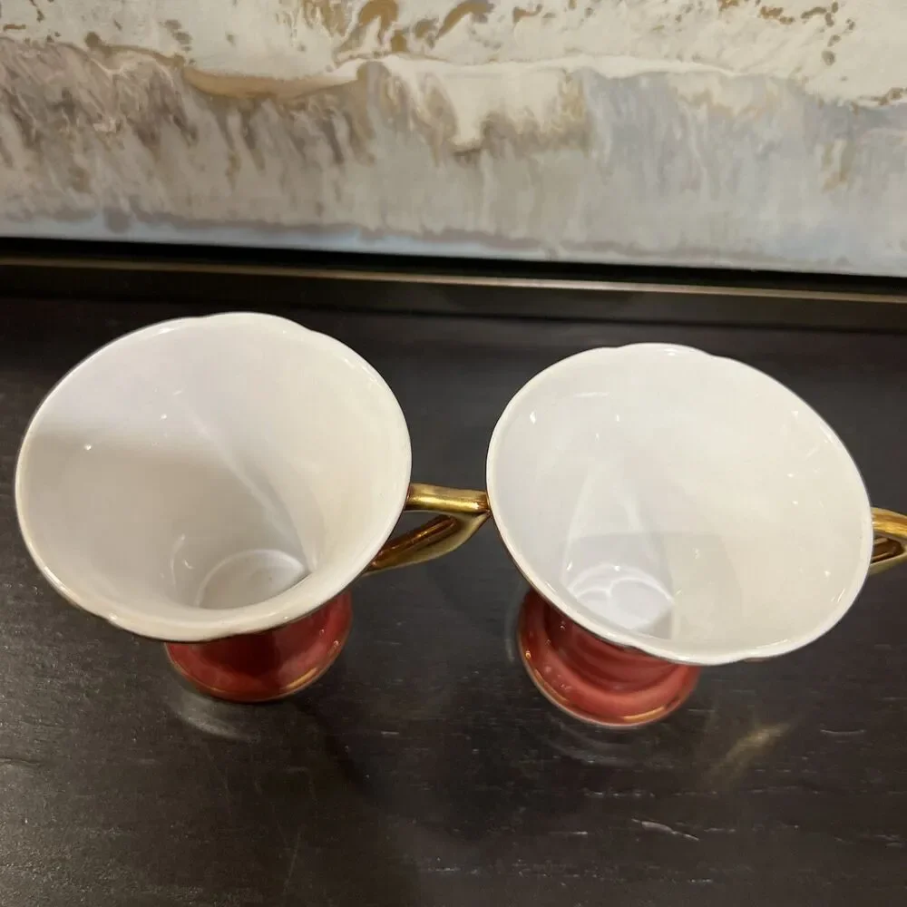 Rare Yedi Design Coffee (2) Two Cups Triangle Saucer Bordeaux Gold Trim